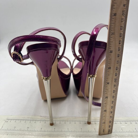 FSJ Purple Strappy Open Toe Platform Sandals Ankle Strap High Metallic Heel Shoe - Picture 5 of 8